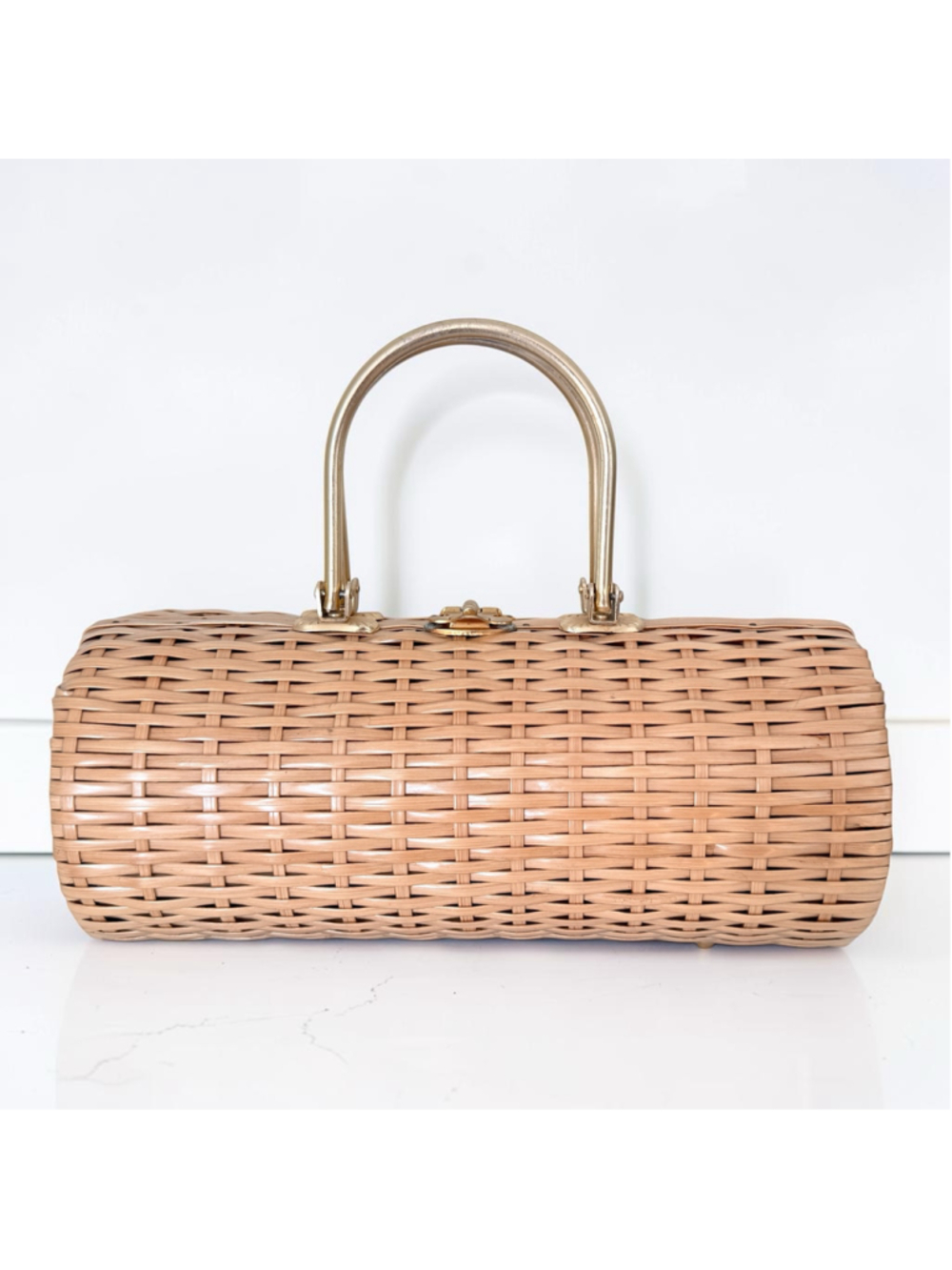 Vintage 1960s Wicker Handbag Made in Hong Kong Rattan Box Purse Gold Tone Handle